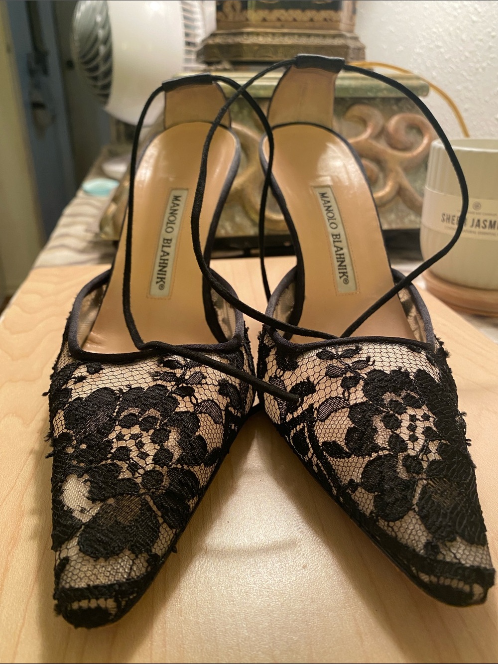 Manolo Blahnik Black Lace Pointed-Toe Ankle Tie Pumps